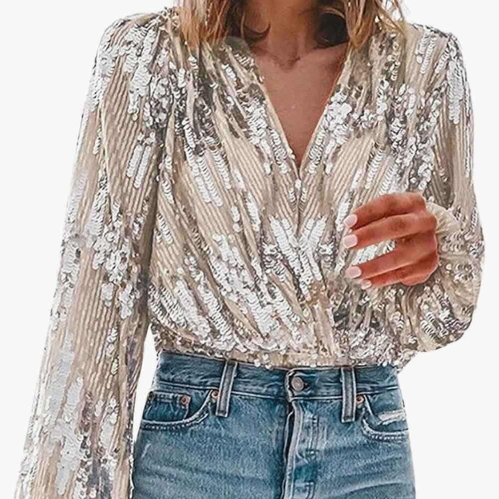 Pink with Silver Fitted Sequin Blouse with Long Sleeves
